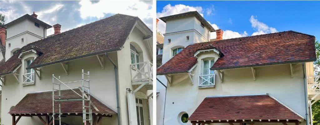 Maison bourgeoise sous échafaudage, toiture avant et après