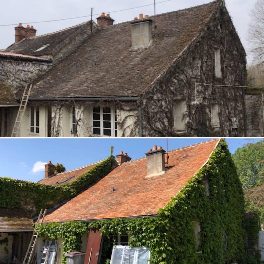 Maison en vigne vierge, toiture avant et après démoussage