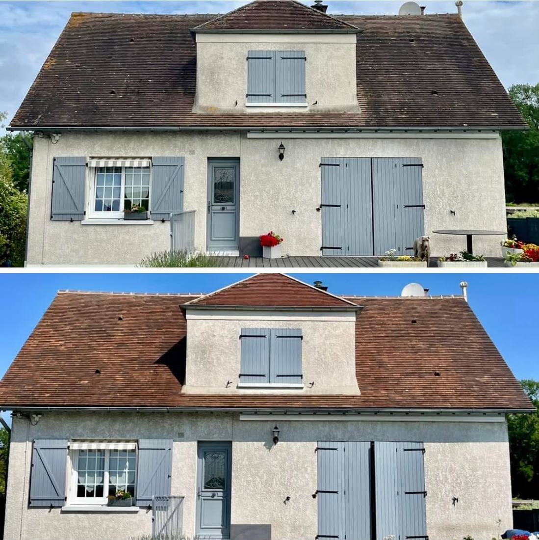 Pavillon aux volets gris avant et après démoussage de toiture
