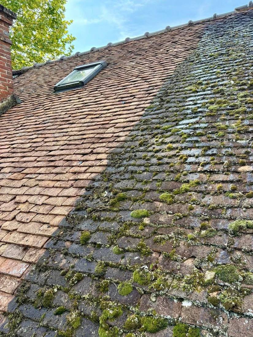 Gros plan de tuiles plates avant et après démoussage
