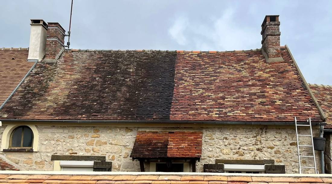 Longère en tuiles plates avant et après démoussage